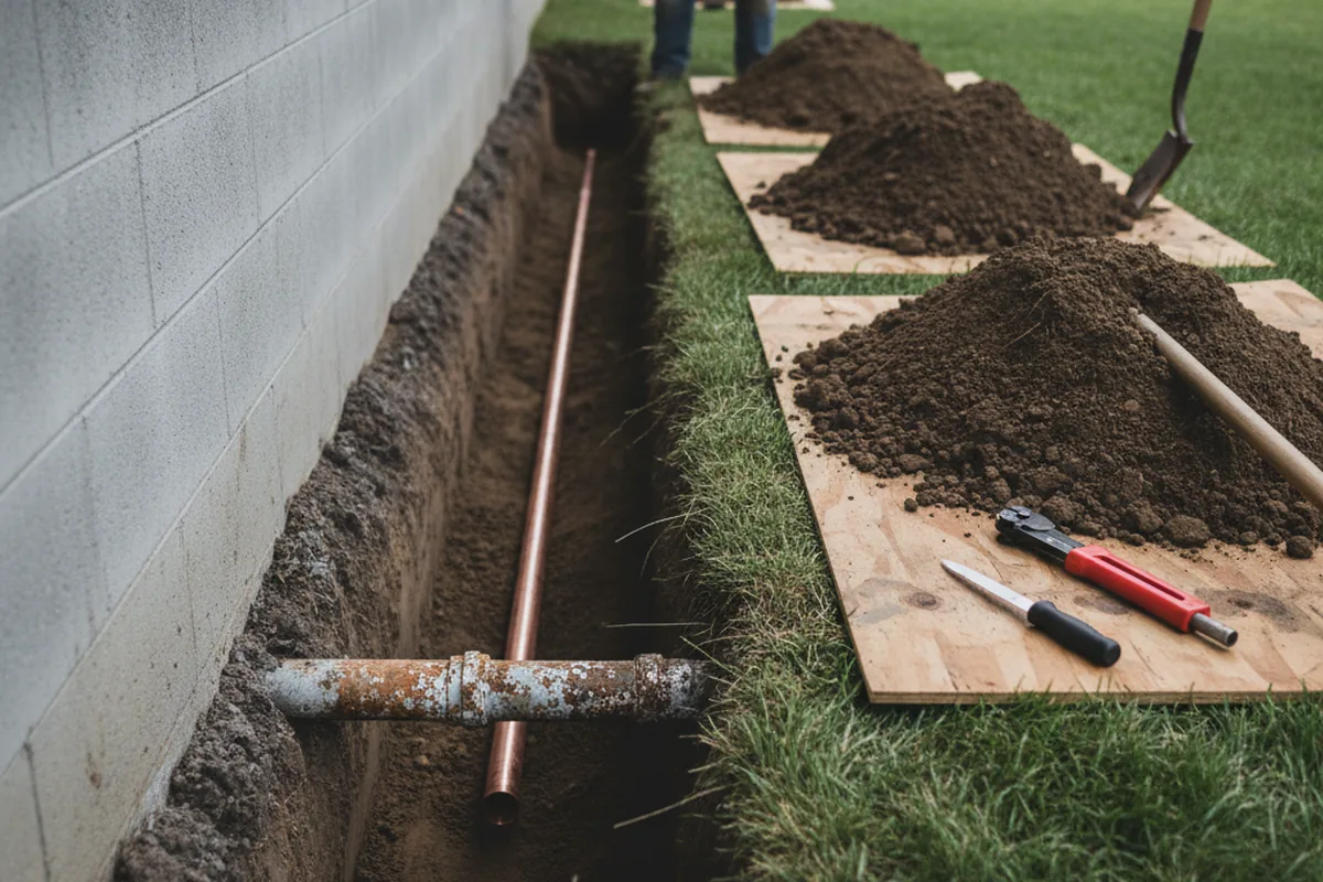 Excavated water line trench during Water Softener Installation in White Oak